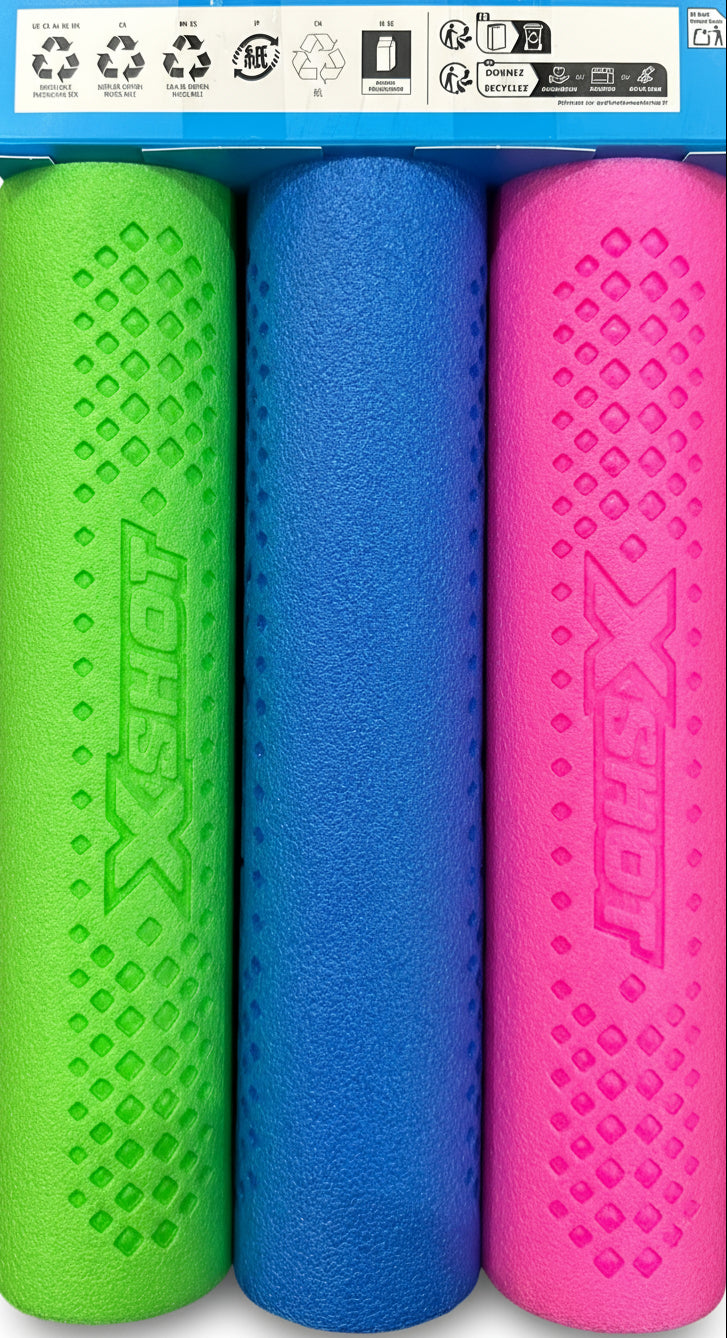 Three foam rollers in green, blue, and pink with 'Joyflex' branding on a black background.