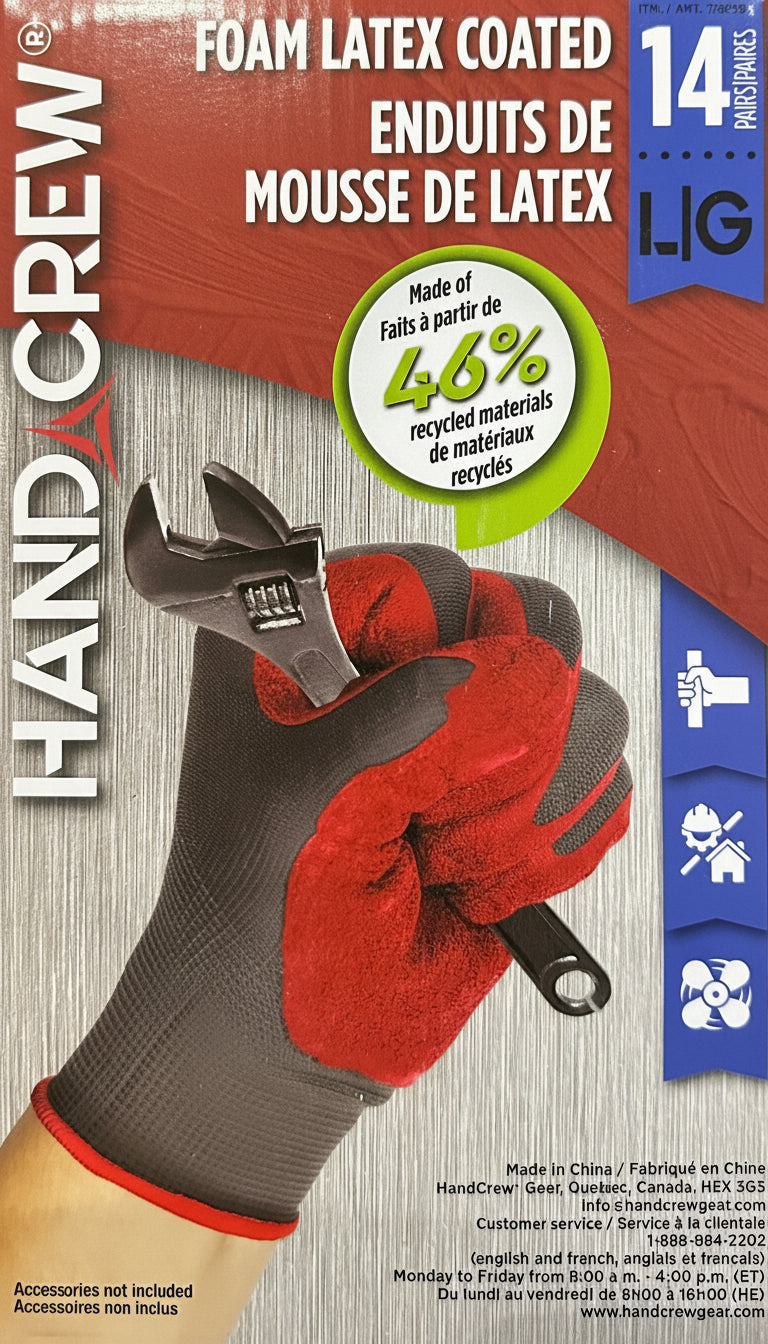 HandCrew foam latex coated glove packaging with a wrench, on a gray background