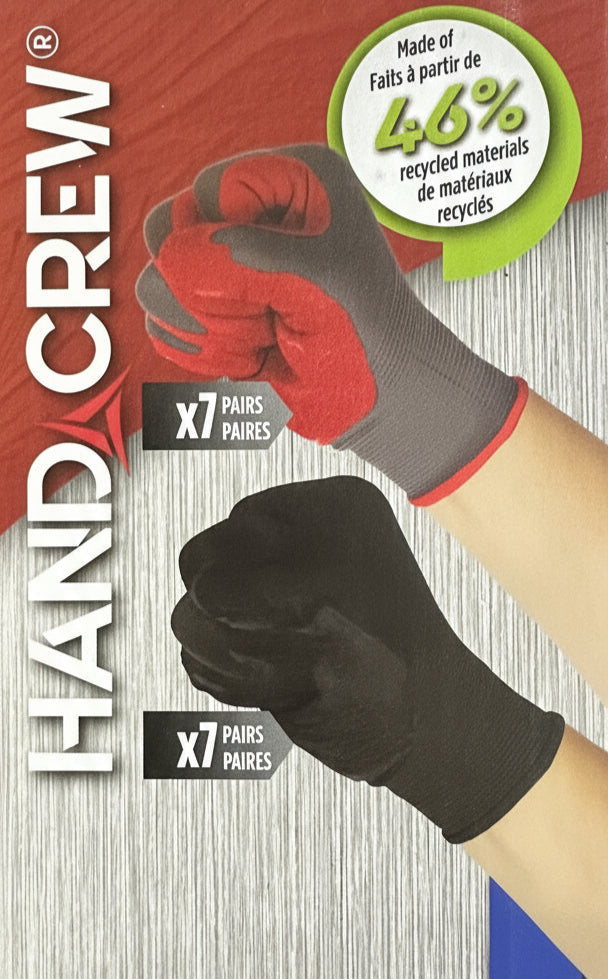 Hand Crew gloves packaging with red and black gloves on a gray background