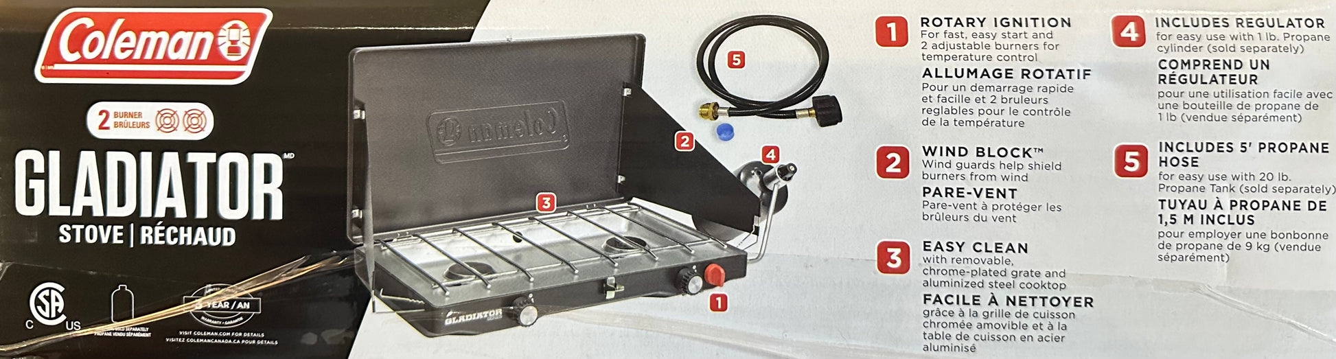Coleman Gladiator stove packaging with features listed on a white background