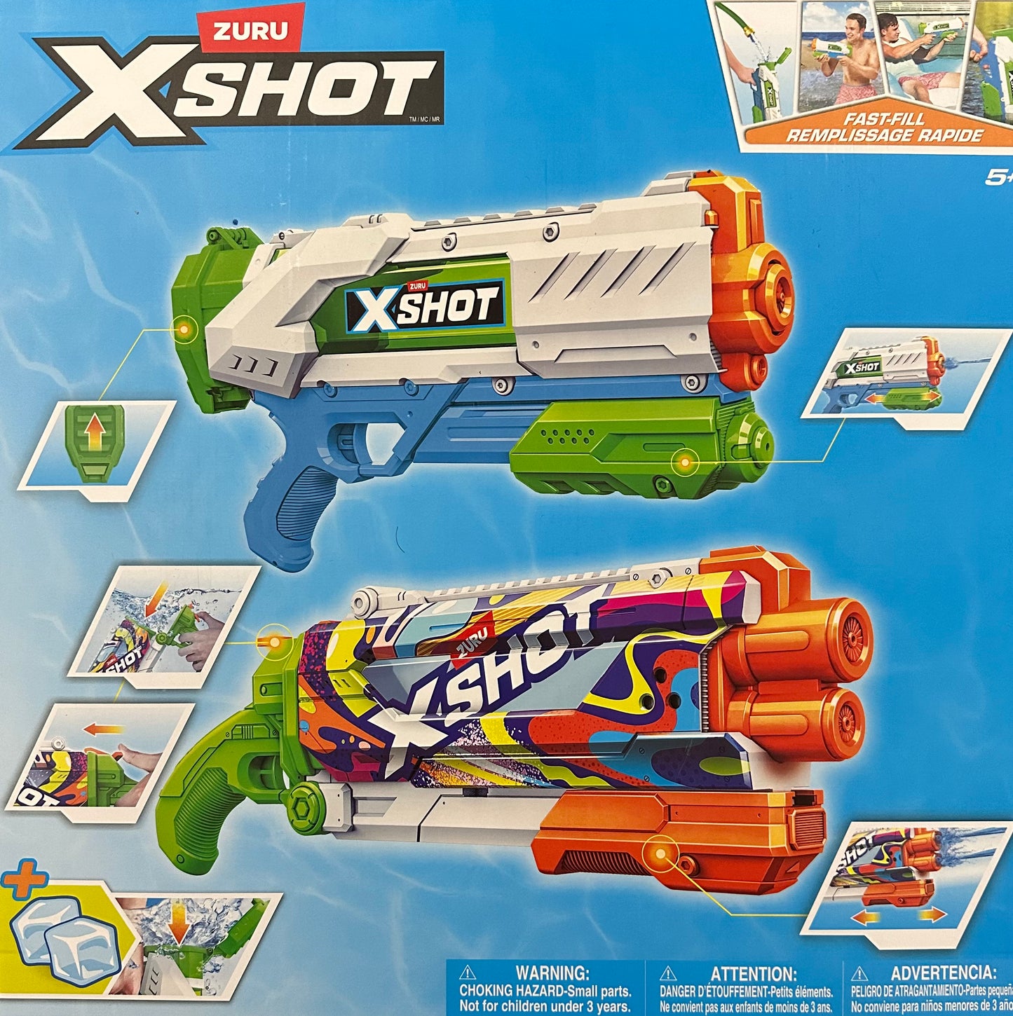 X-Shot toy gun packaging with colorful design on a blue background