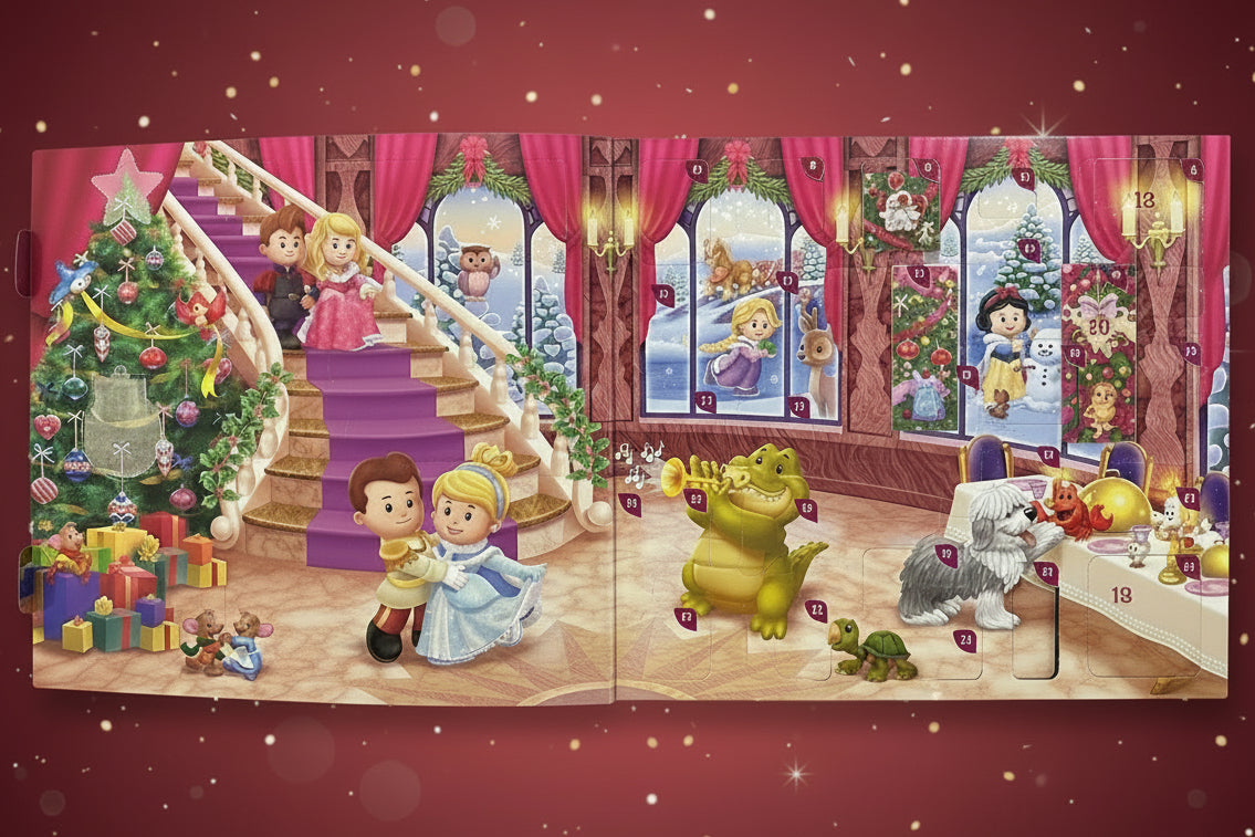 Illustrated Advent calendar with characters and festive decorations on a red background