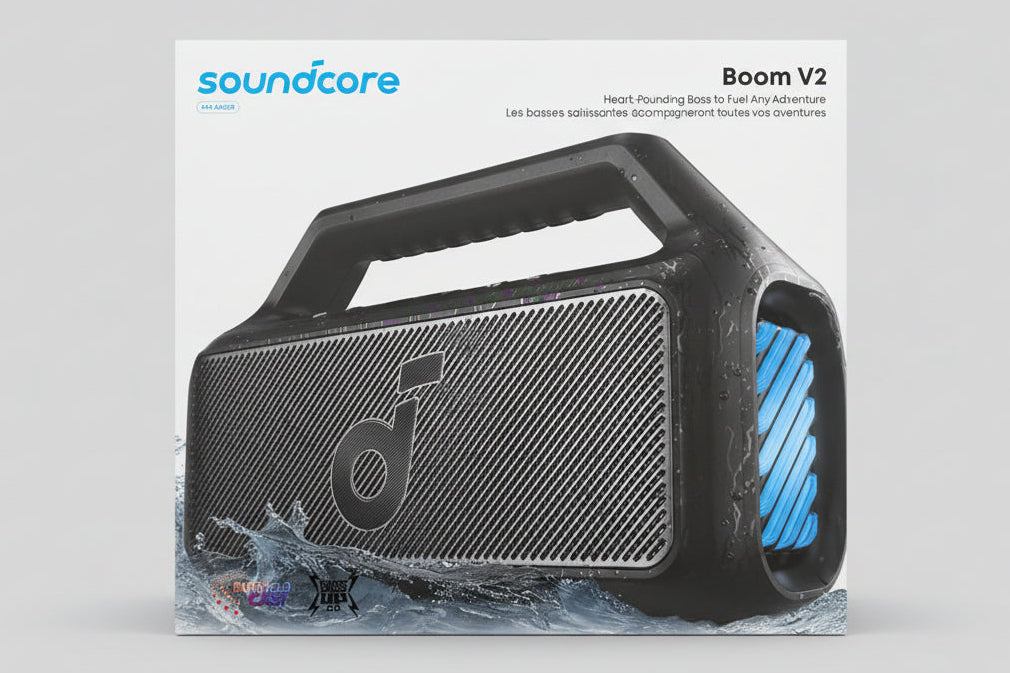 Soundcore Boom V2 speaker packaging on a gray background