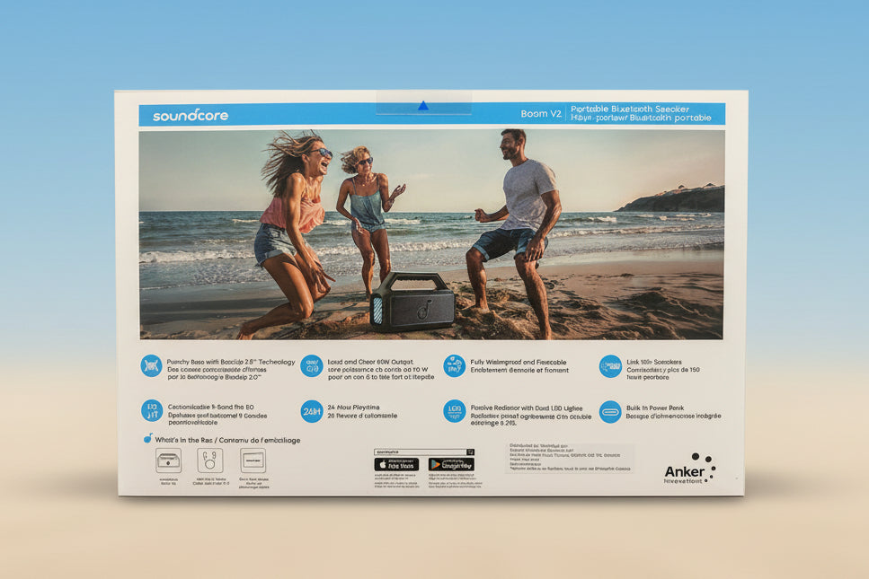 Anker Soundcore Bluetooth speaker advertisement with people on a beach