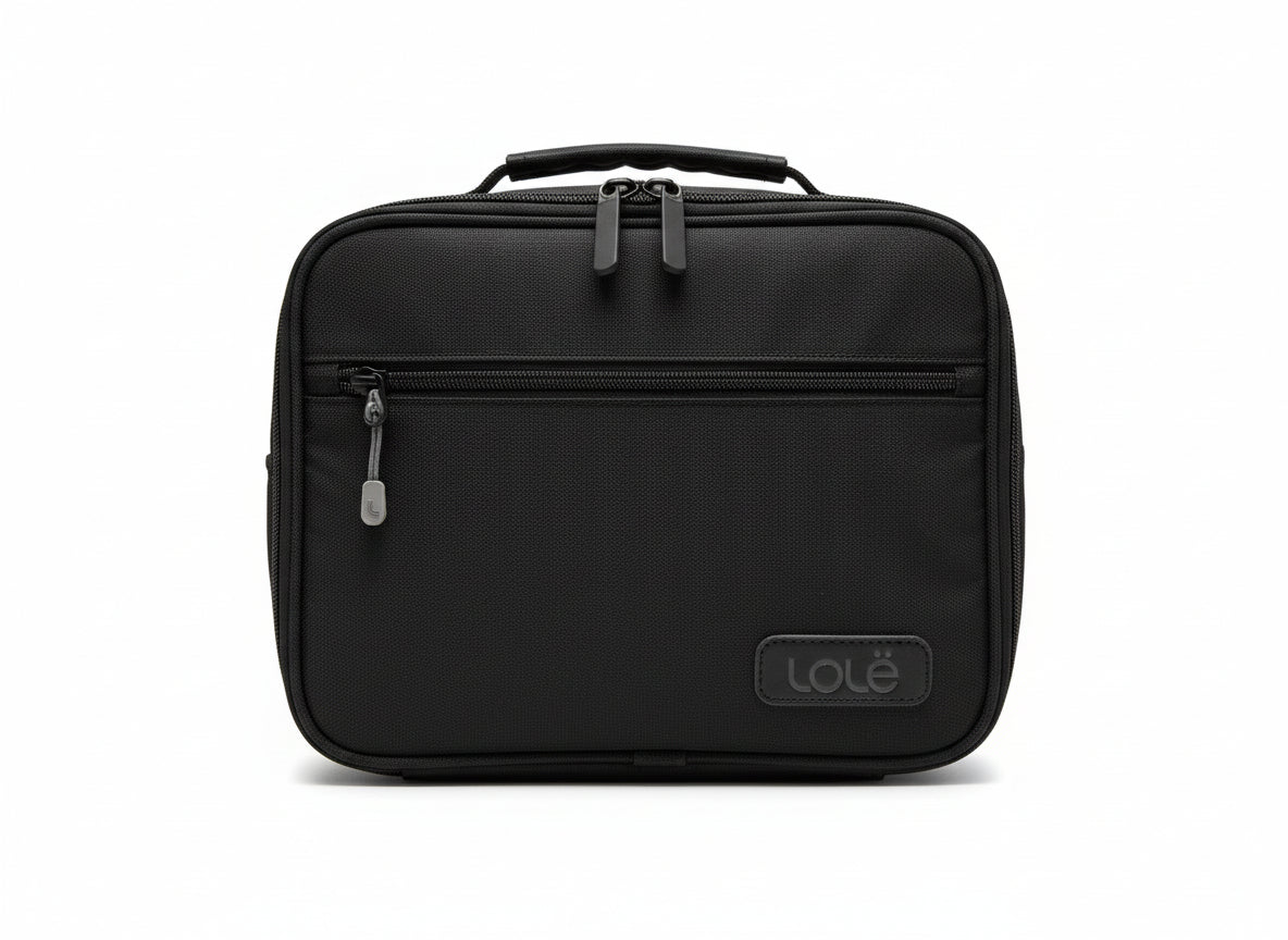 Black backpack with a visible brand logo on a white background