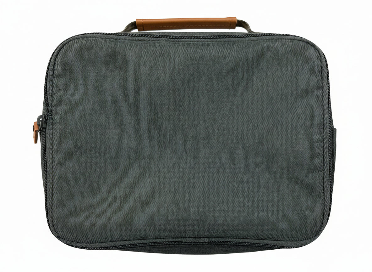 Gray bag with brown handles and zippers on a white background