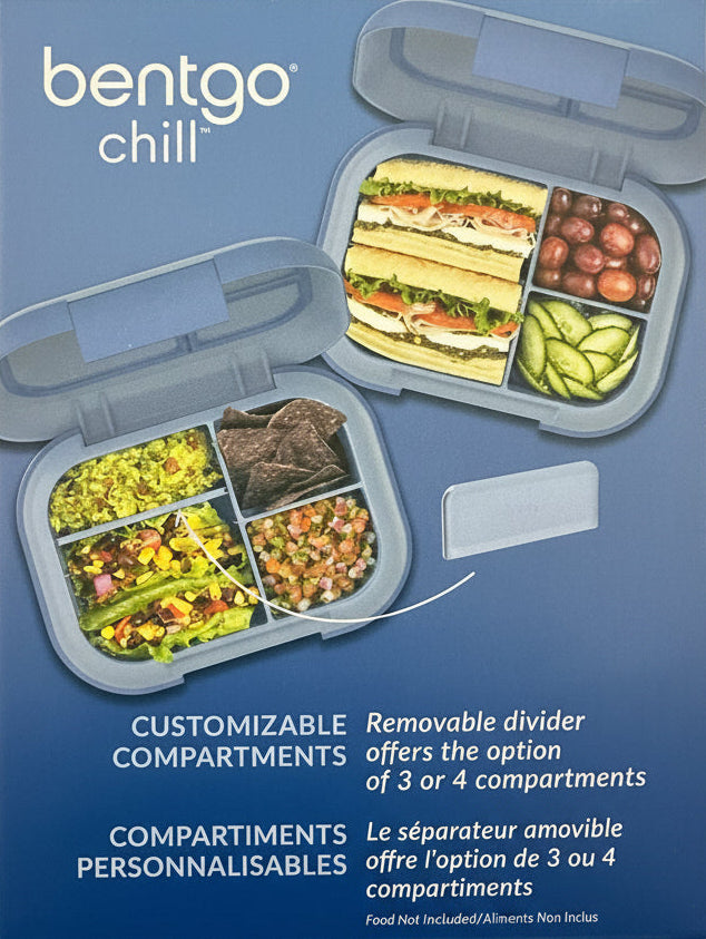 Bentgo Chill lunch box packaging with compartments filled with food on a blue background