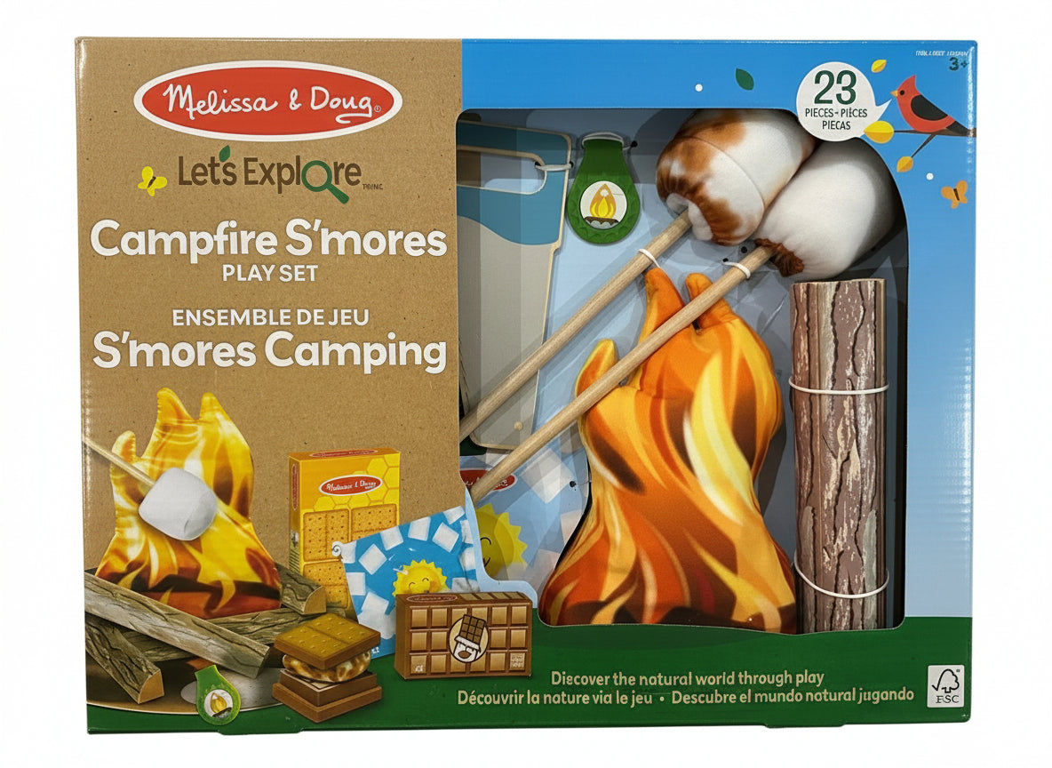 Melissa & Doug Campfire S'mores play set packaging with illustrations of a campfire and s'mores ingredients.