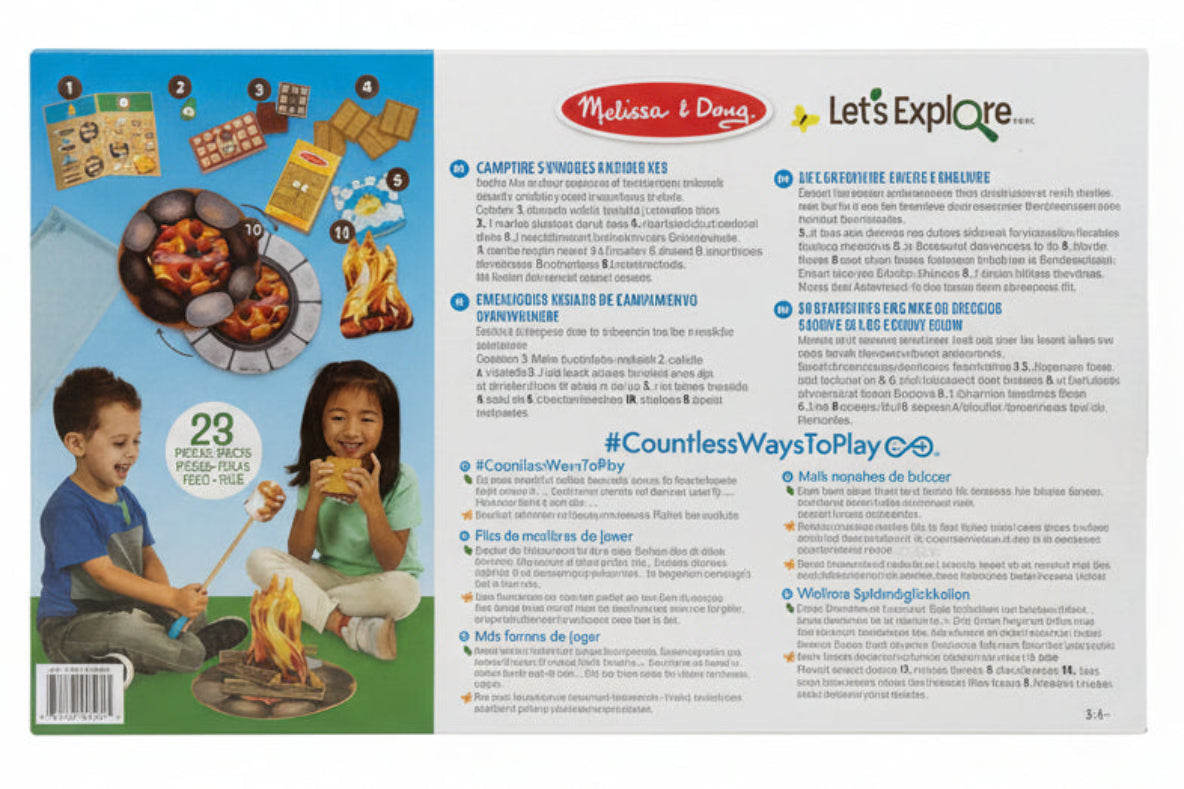 Back of a toy packaging with children playing around a campfire, featuring Melissa & Doug branding.