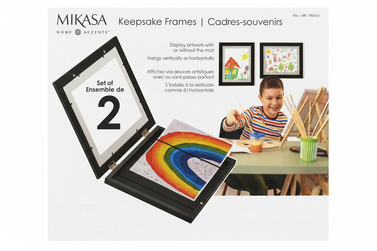 Mikasa home accents packaging for a set of 2 keepsake frames with a child painting on a table.