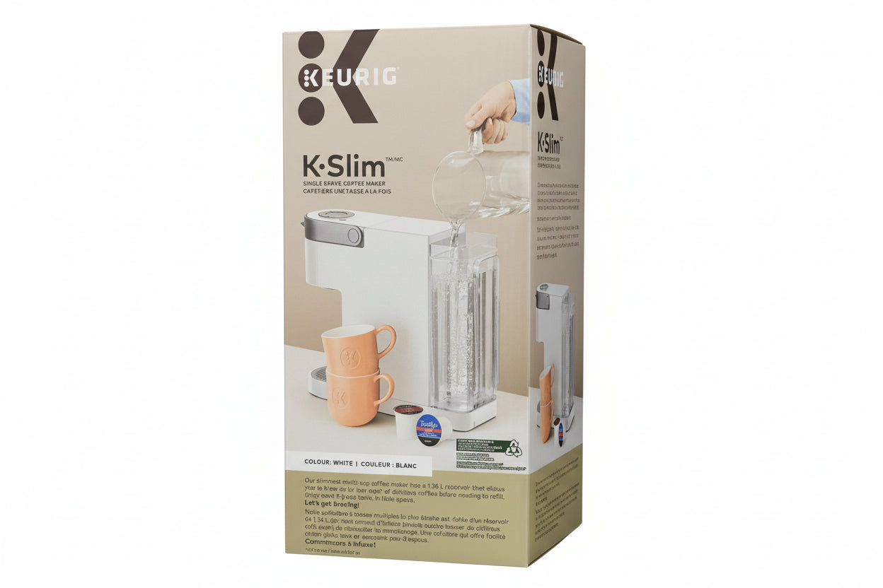 Keurig K-Slim coffee maker packaging on a dark surface