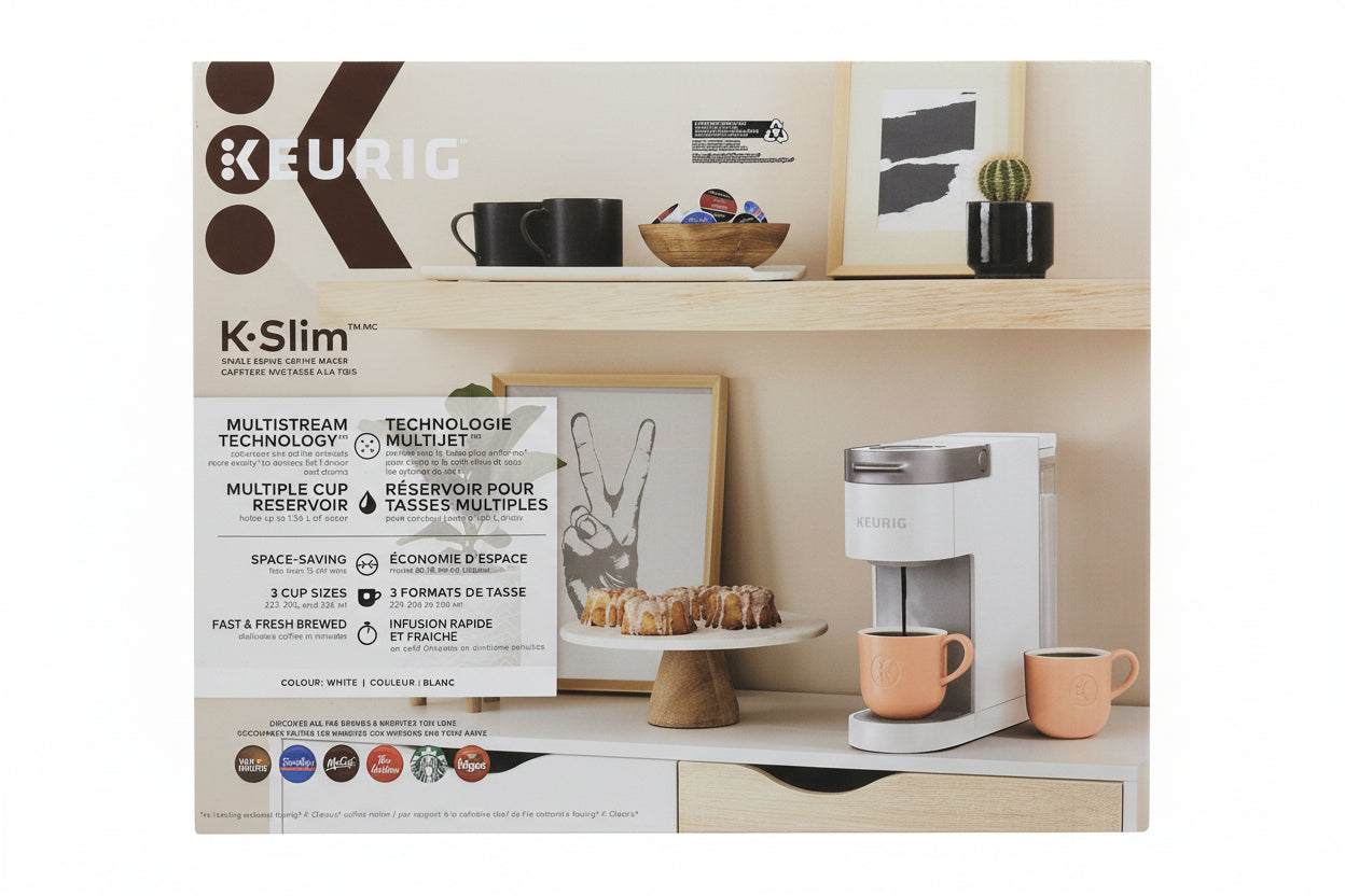 K-ULUCS coffee machine packaging with product image and features on a shelf.