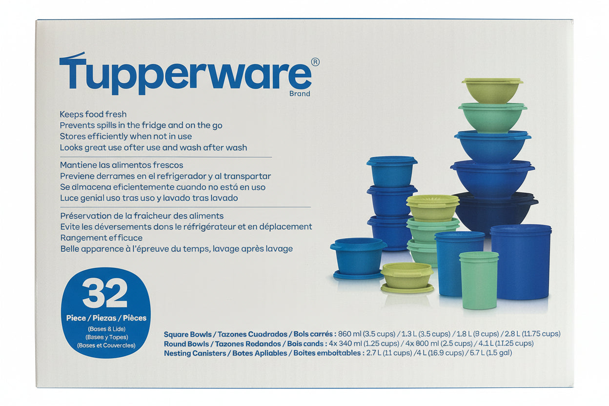 Tupperware container set packaging with blue and green bowls on a white background
