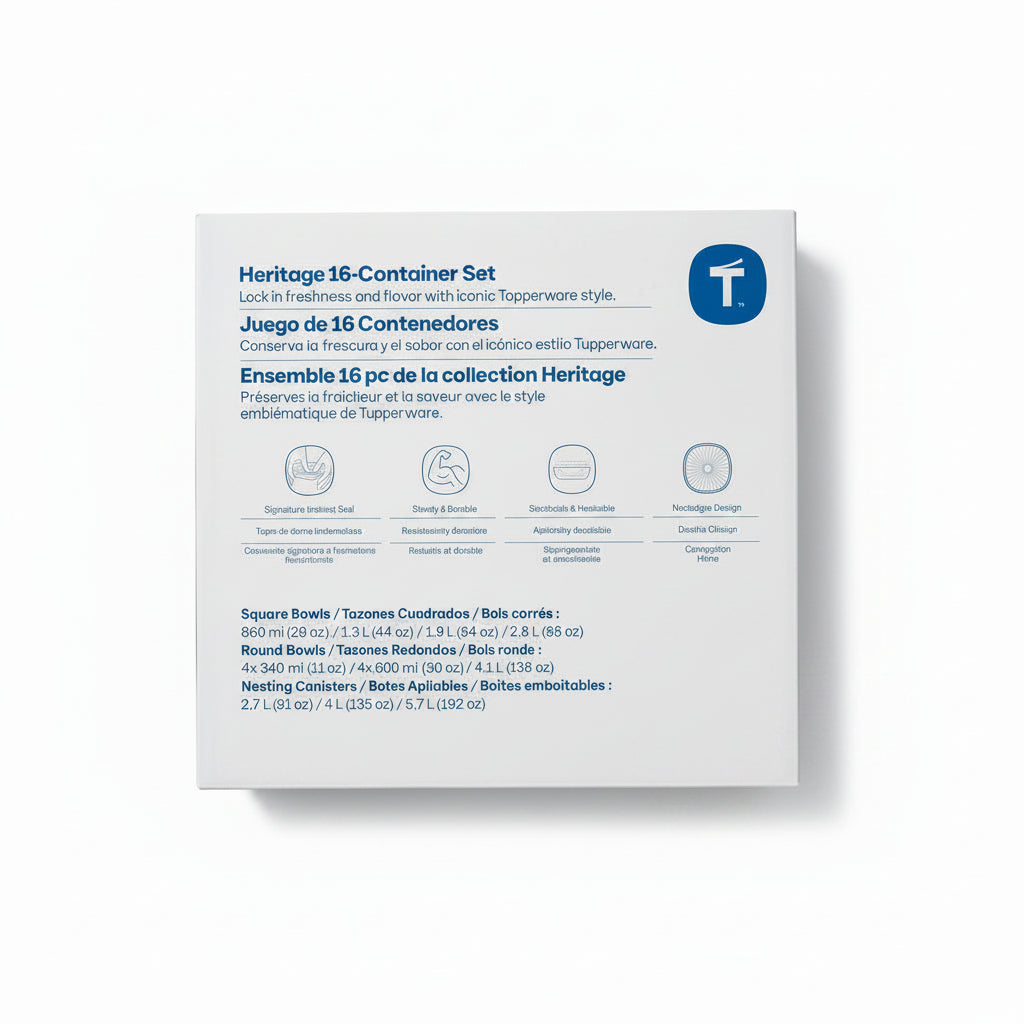 Tupperware Heritage 16-container set packaging on a dark background