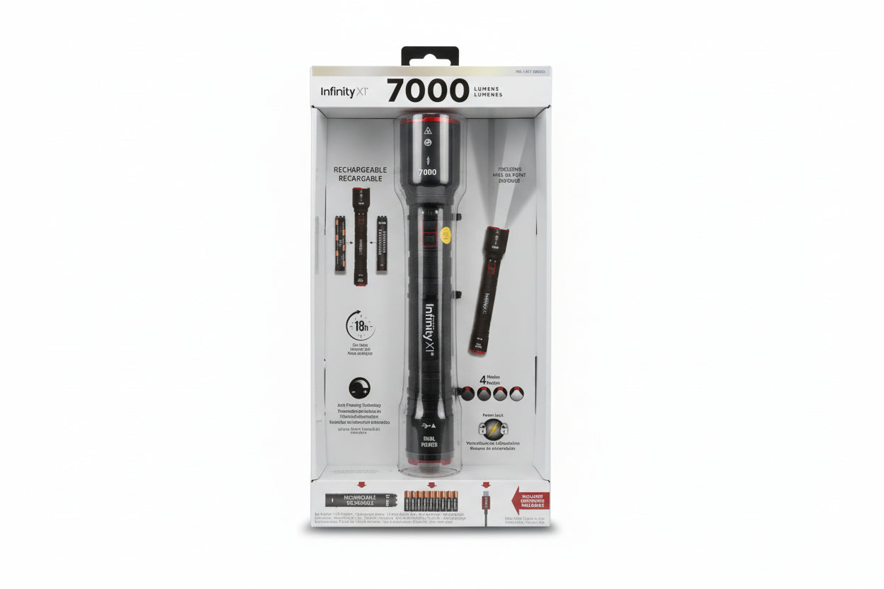 Infinity XP flashlight in packaging on a black speckled surface