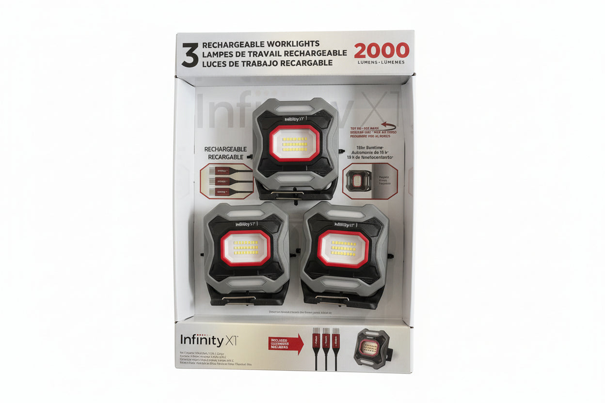 Three rechargeable worklights in a box with 'Infinity XT' branding.