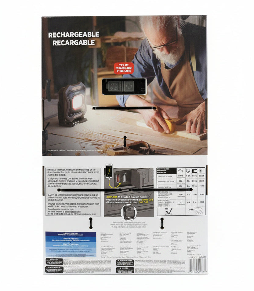 Product packaging with images of a person using a device and text on a black background