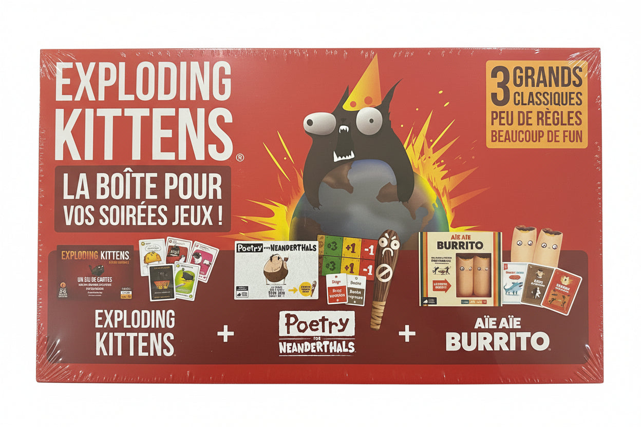 Board game box for 'Exploding Kittens' with cartoon character on red background