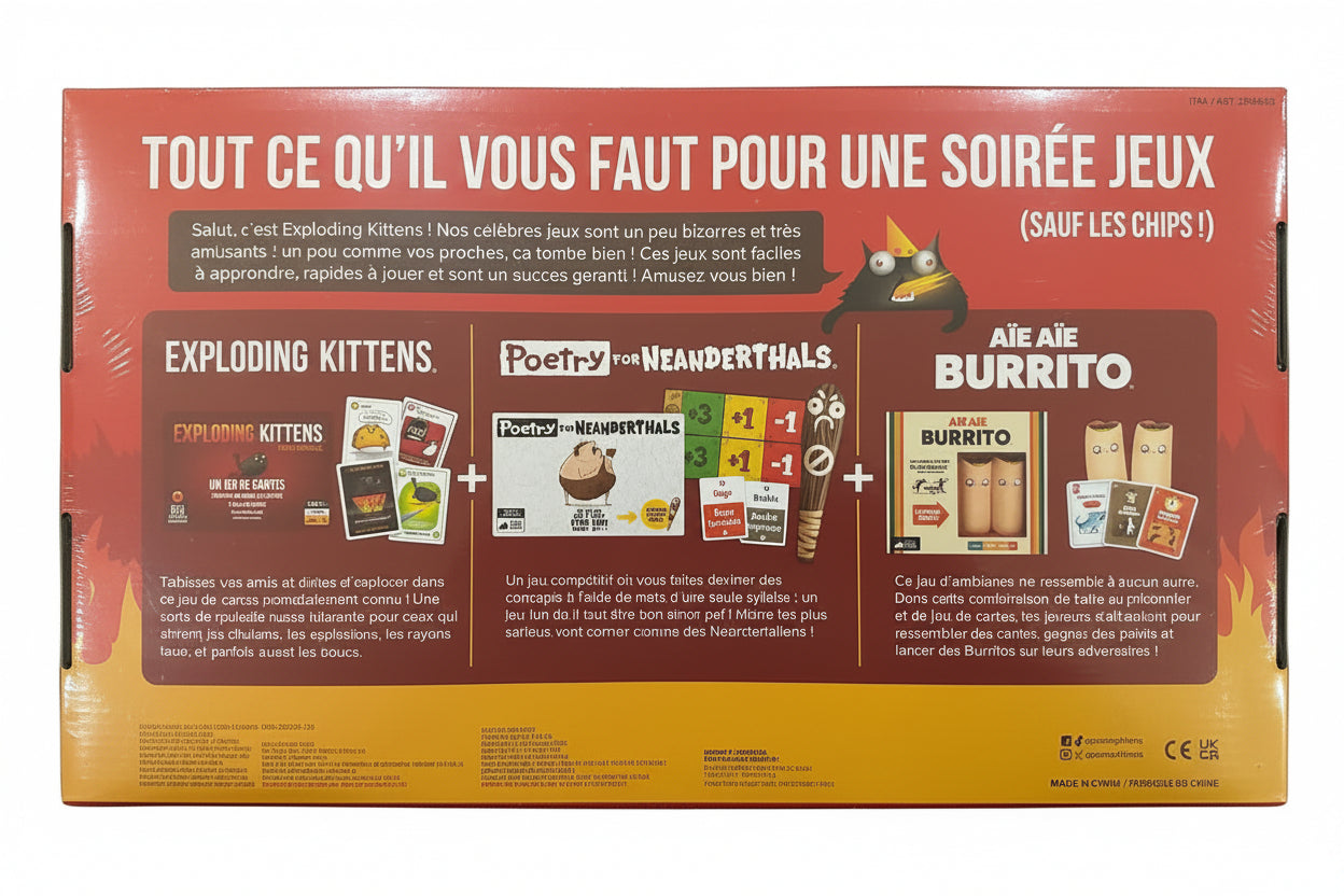 Back of a board game packaging with text and images of games like 'Exploding Kittens', 'Poetry for Neanderthals' and 'Aïe aïe burrito'.
