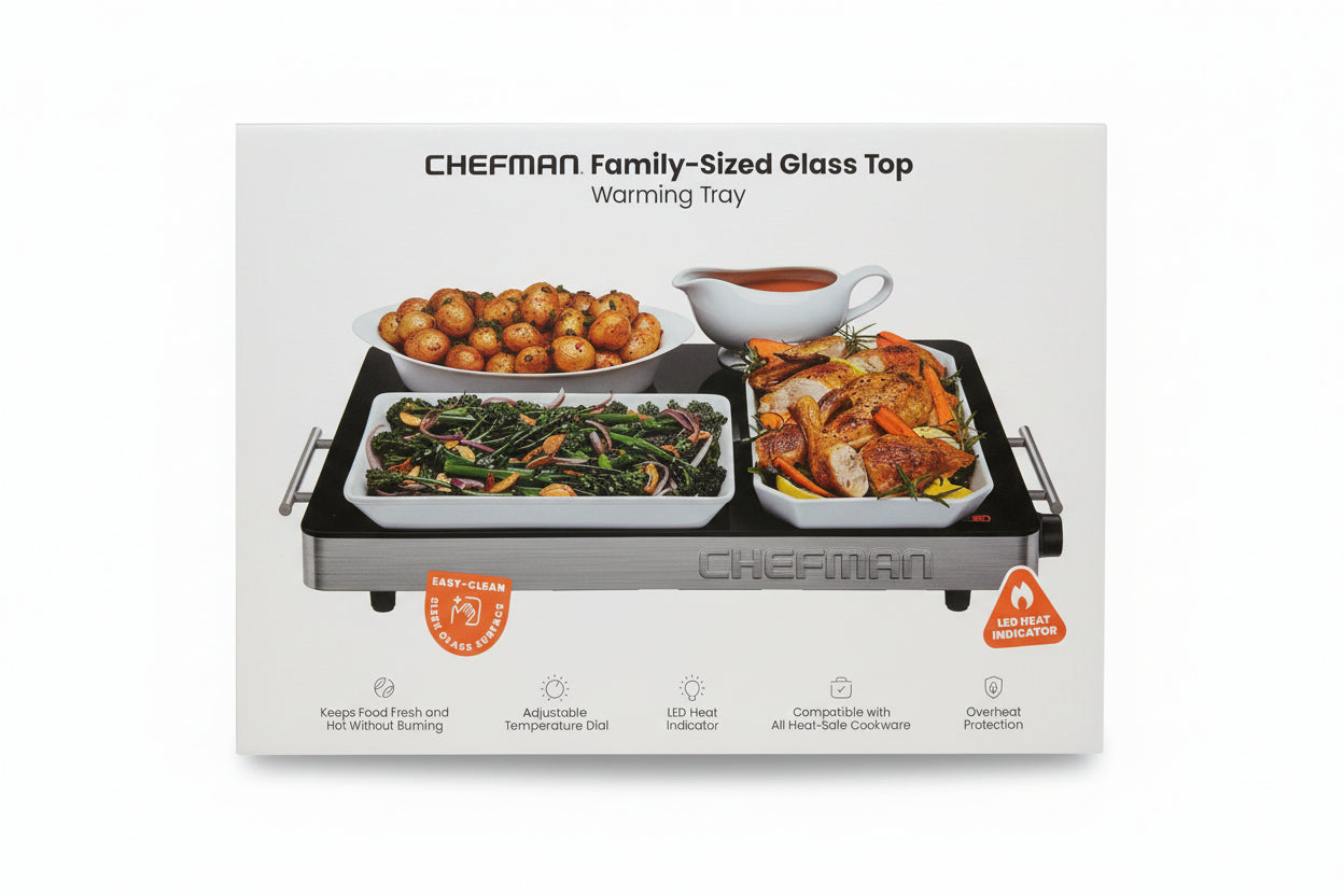 CHEFMAN Family-Sized Glass Top Warming Tray packaging with food images on a white background