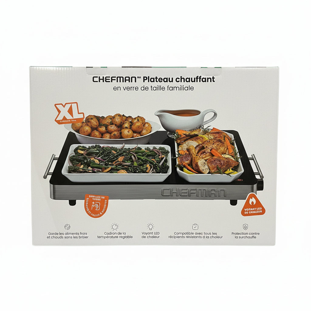 CHEFMAN electric hot plate packaging with food images on a brown surface