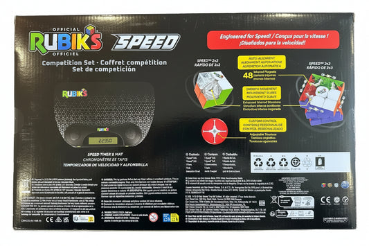 Rubik's Speed competition set packaging with various features highlighted on a black background