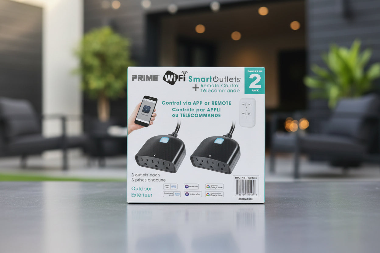 Package of Prime WiFi Smart Outlets with remote control on a dark surface