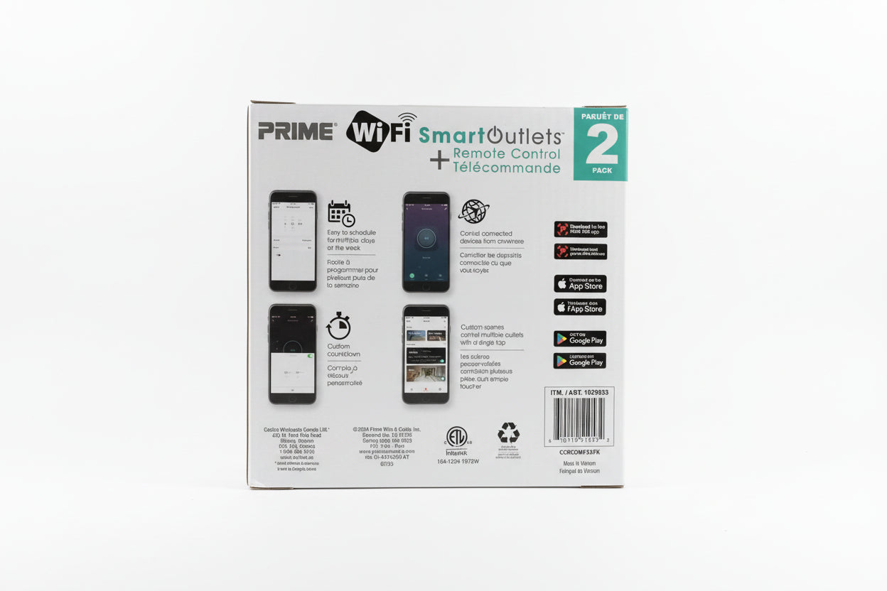 Package of Prime WiFi Smart Outlets with smartphone app icons on a black surface