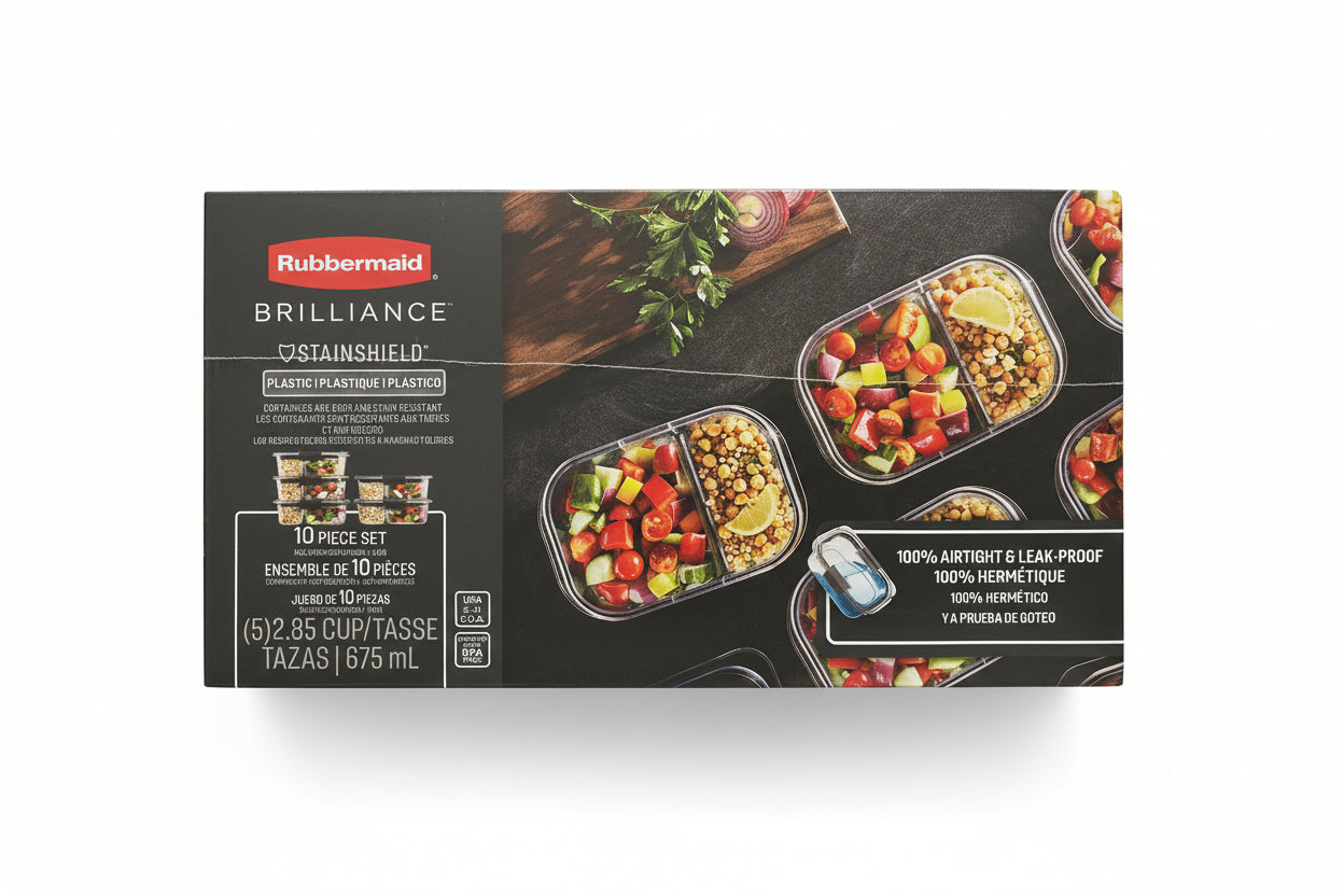 Rubbermaid Brilliance food container set packaging on a black surface