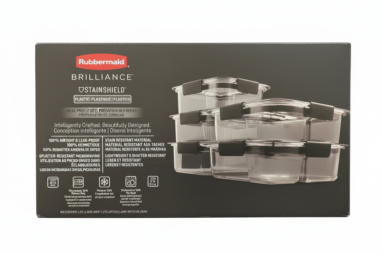 Rubbermaid Brilliance Stainshield packaging with labels and barcodes on a dark background