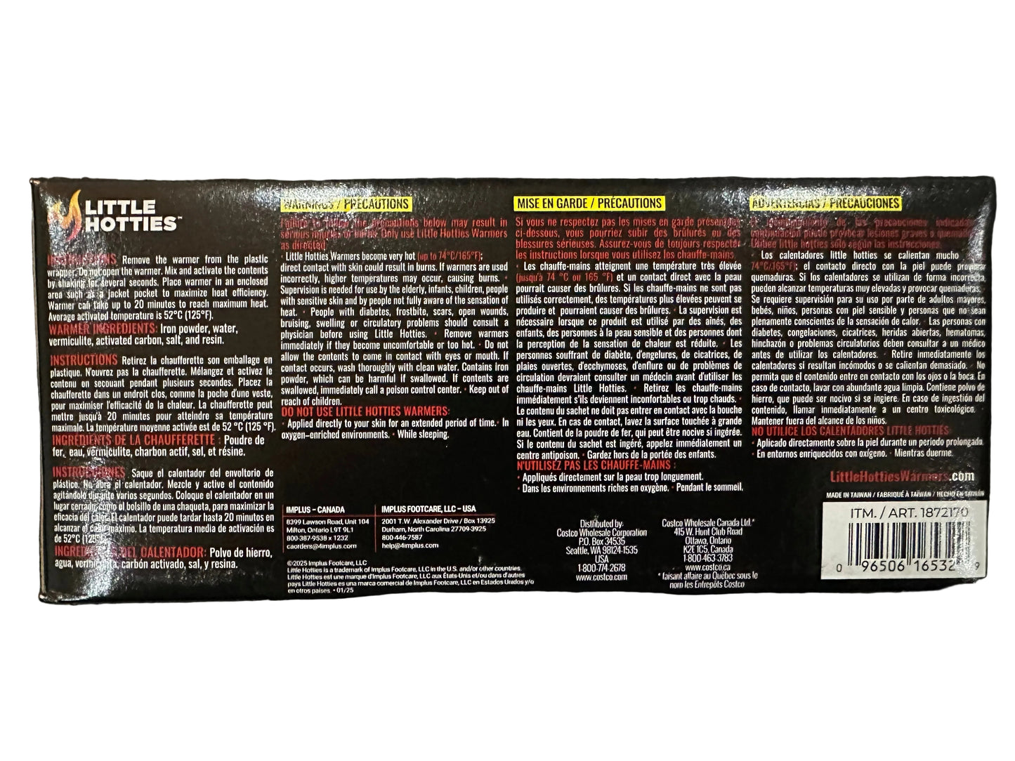 Back of a product packaging with text and branding on a dark surface