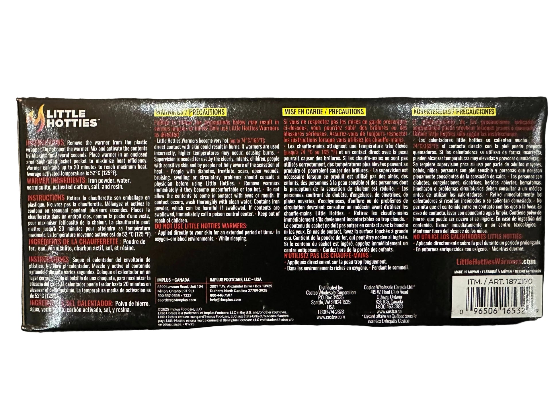 Back of a product packaging with text and branding on a dark surface