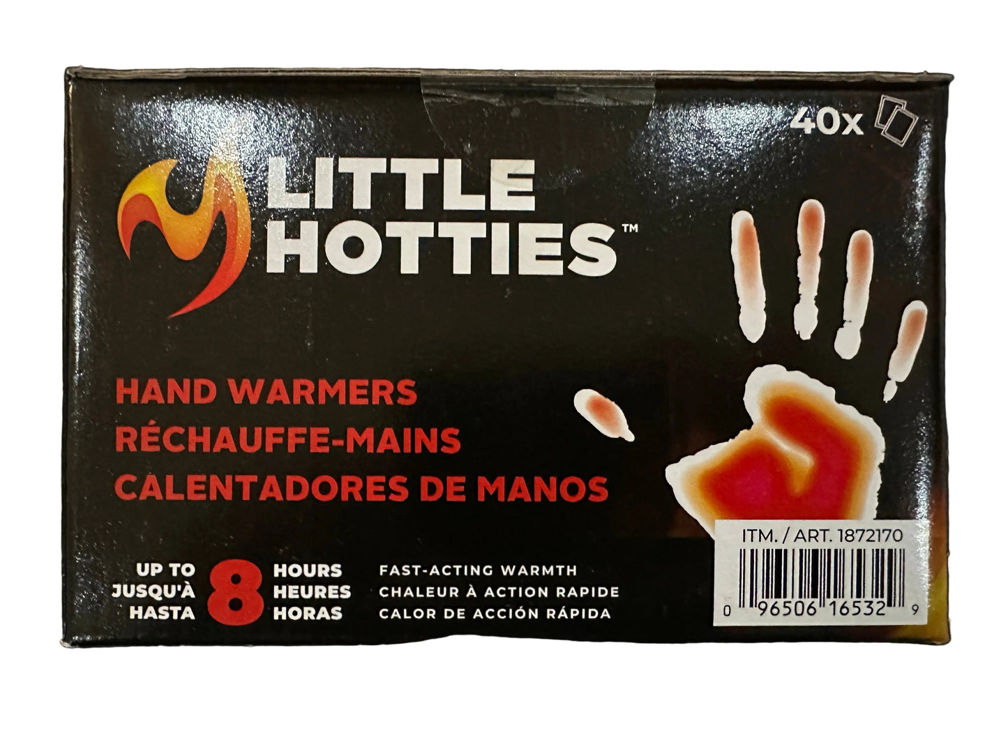 Box of Little Hotties hand warmers on a dark textured background