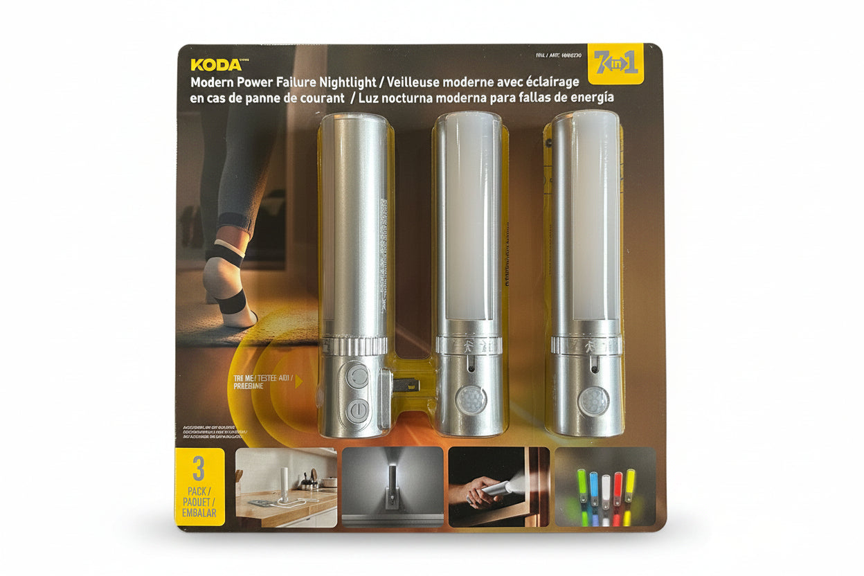 Kodak modern power failure nightlight packaging on a black speckled surface