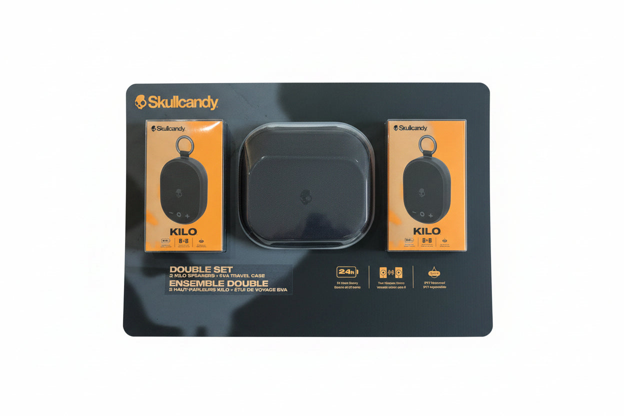 Skullcandy Kilo earbuds packaging with travel case on a dark background