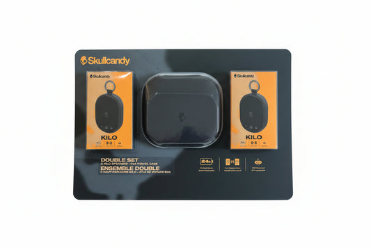 Skullcandy Kilo earbuds packaging with travel case on a dark background