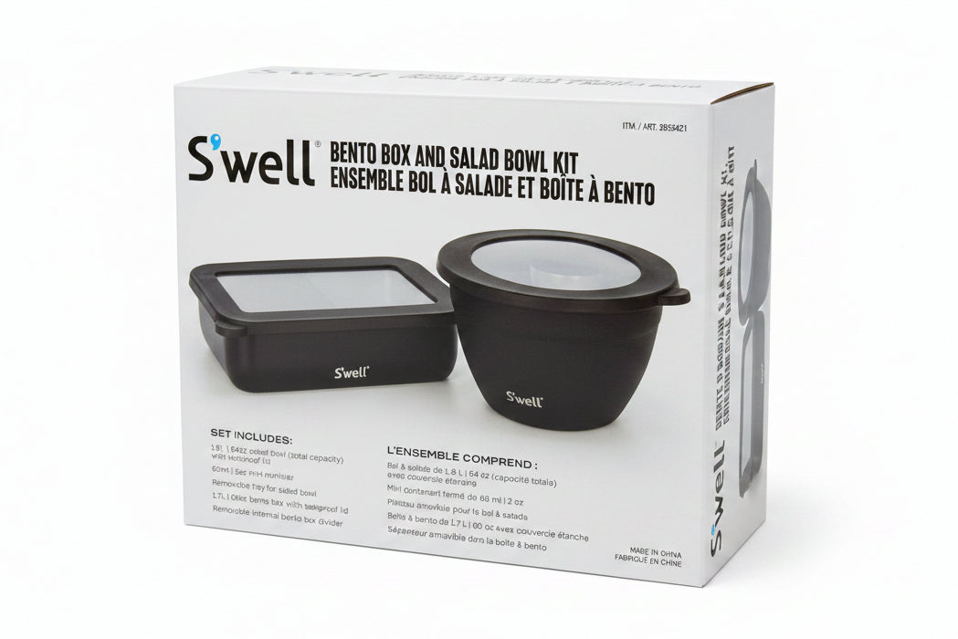 S'well bento box and salad bowl kit packaging on a black speckled background