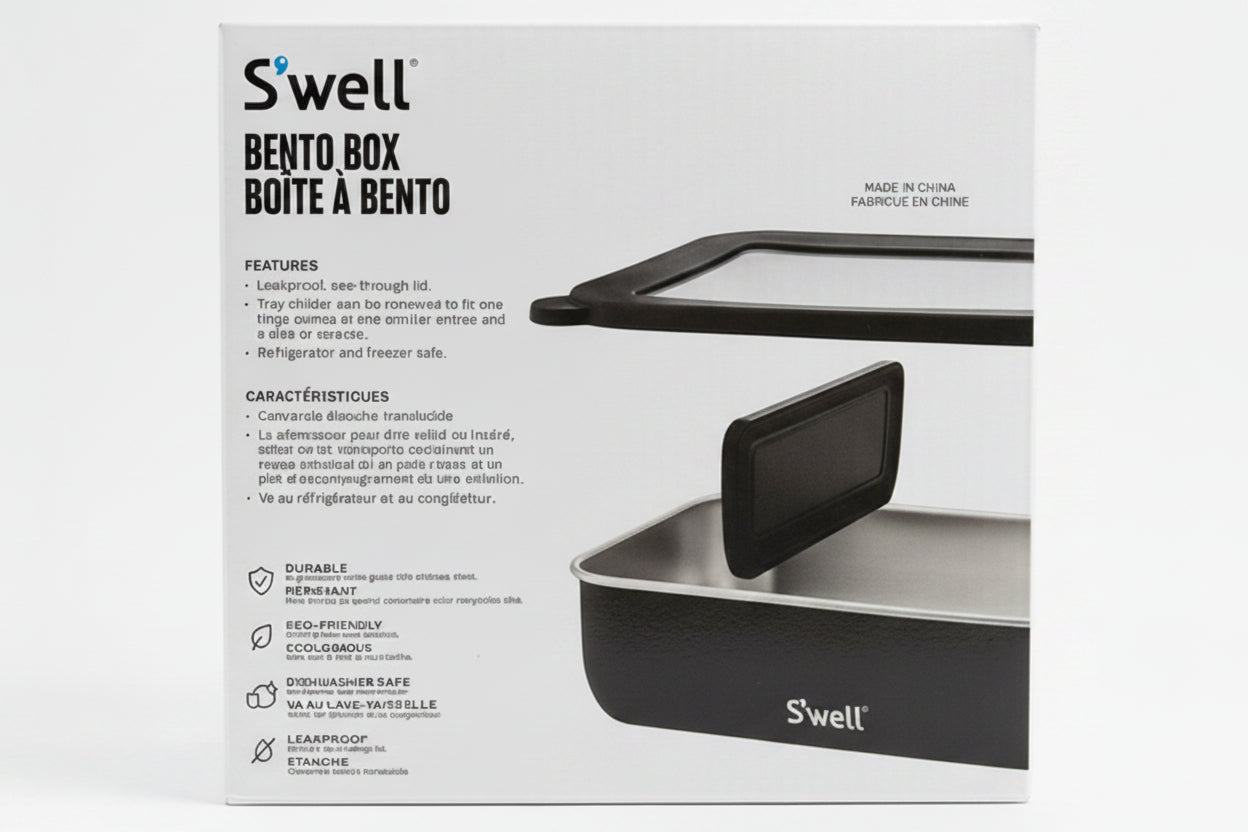Swell bento box packaging on a dark textured background