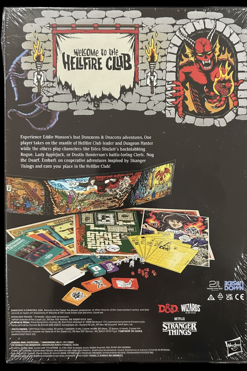 Back cover of the Stranger Things D&D module 'Welcome to the Hellfire Club' inside shrink wrap, showing artwork of a blue demon and a red demon, product details, character cards, and a barcode.