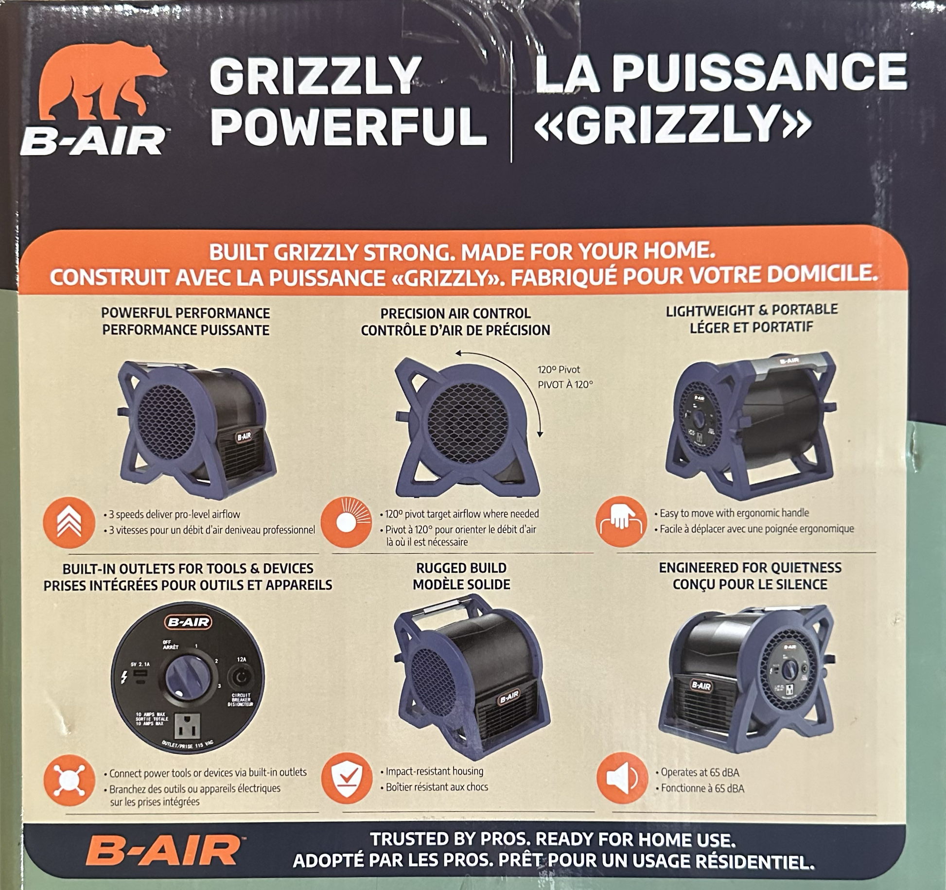 The back of a B-AIR Grizzly Powerful portable air conditioner box, showing product features and illustrations in French and English.