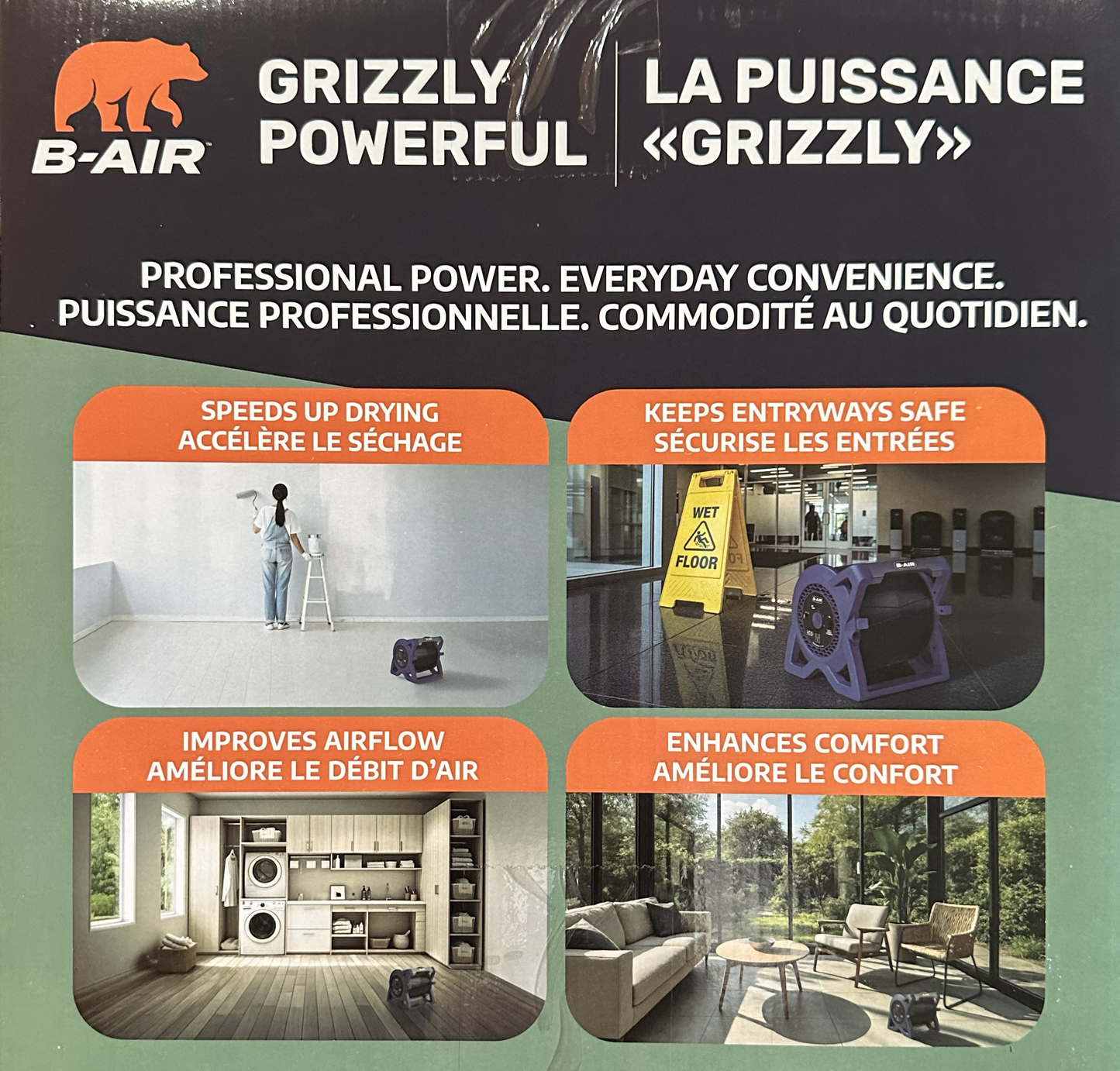 Back of a B-Air Grizzly Powerful carpet dehumidifier package, showing product features with four inset photos on a black and sage green background.