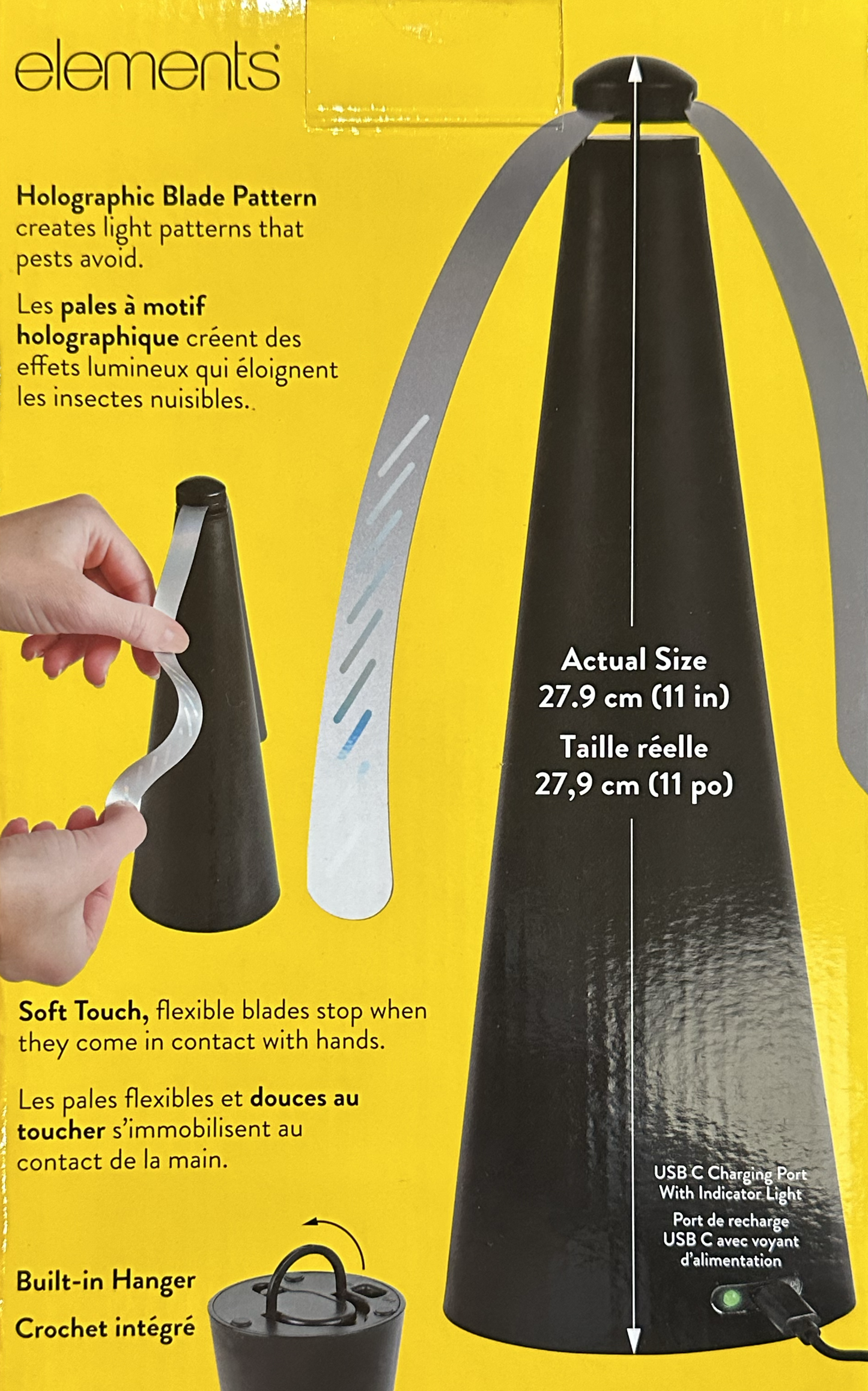 Back of a Nuna Elements electric kettle in its retail packaging, featuring a bright yellow background with product details, dimensions, and a small inset photo of the flexible blade.