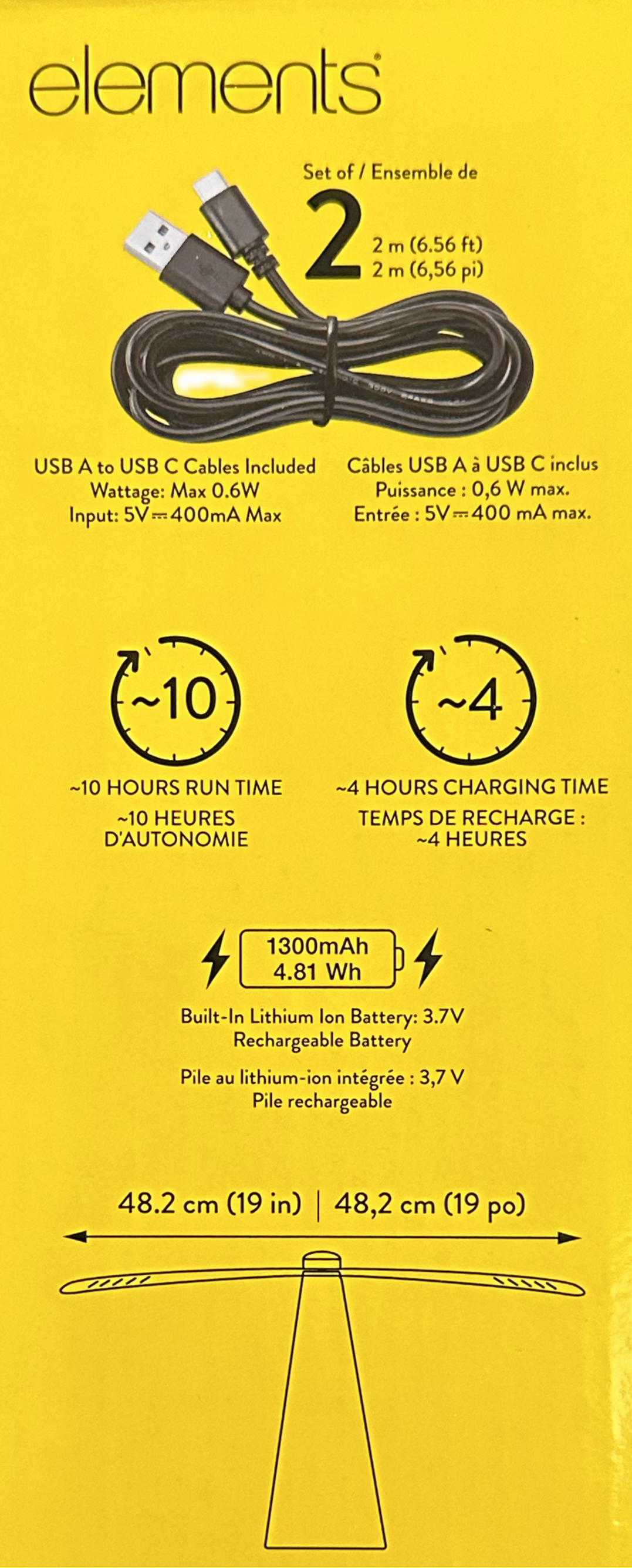 Yellow packaging insert for a USB 3.0 Cables Set by elements, showing a black USB cable, charging specs, dimensions, and a barcode.