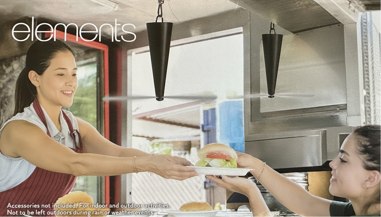 The back of the packaging box for the Elements brand wind guard, featuring a photo of a waitress in a kitchen serving a customer. The box includes a barcode, item number ITM.