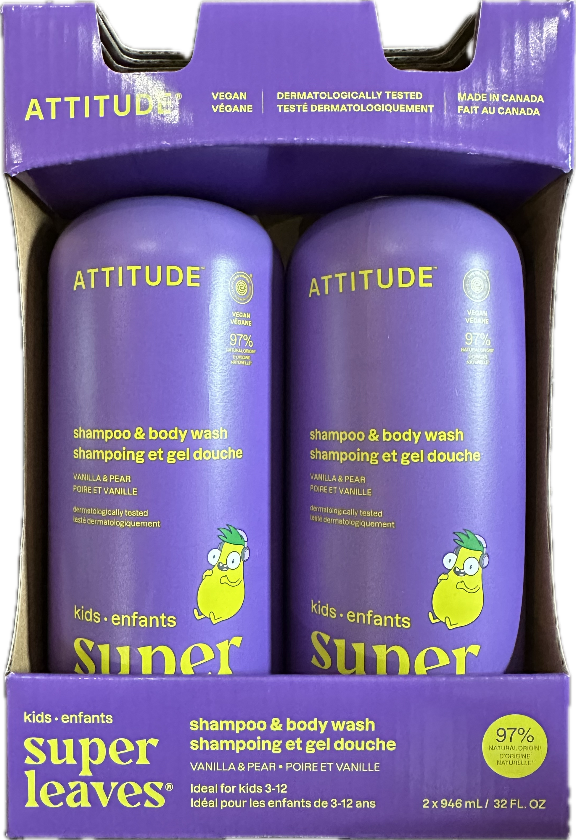 ATTITUDE Super Leaves Kids 2-in-1 Shampoo & Body Wash - Vanilla & Pear, 2 x 946 mL product photo 2