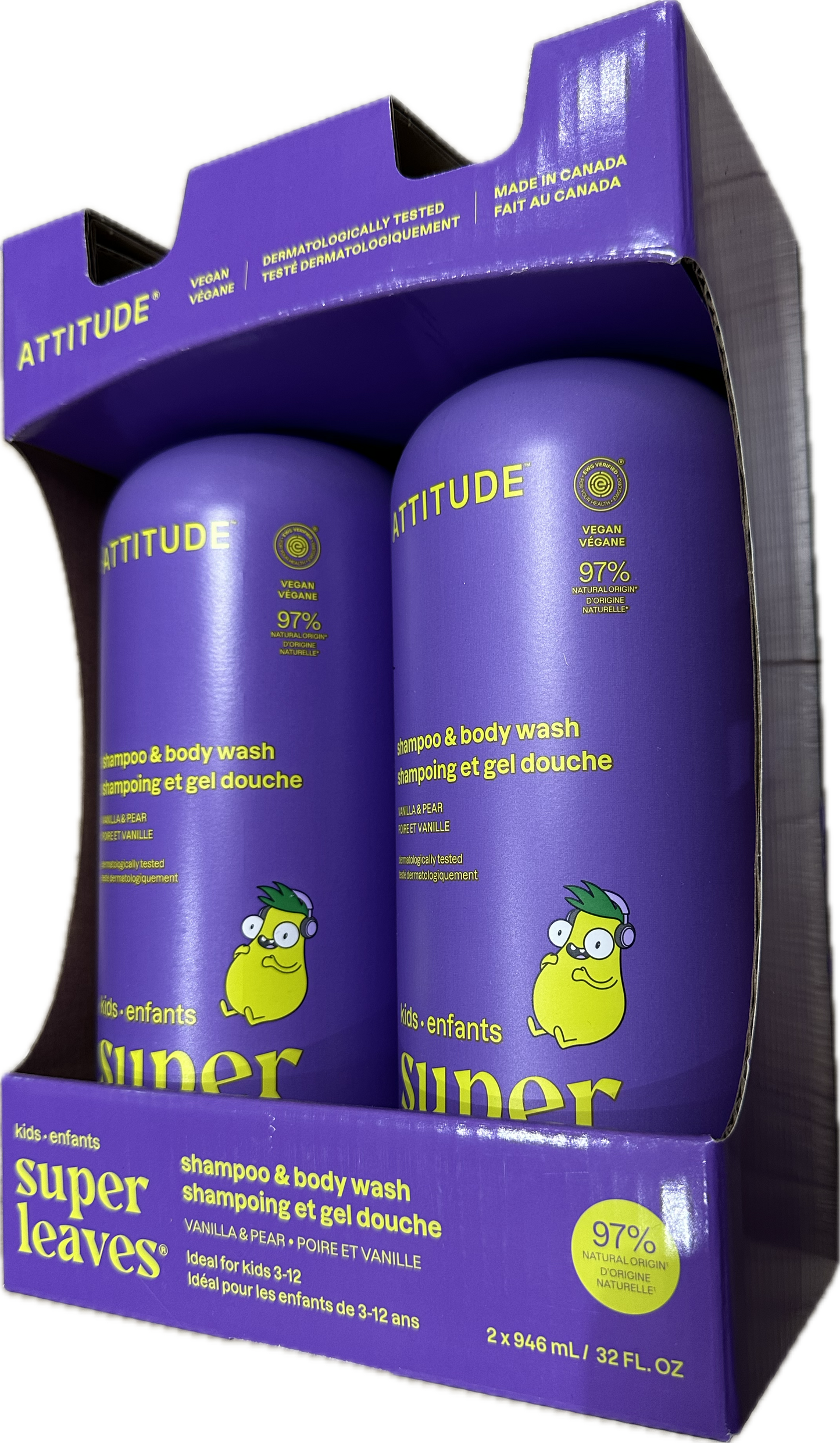 ATTITUDE Super Leaves Kids 2-in-1 Shampoo & Body Wash - Vanilla & Pear, 2 x 946 mL