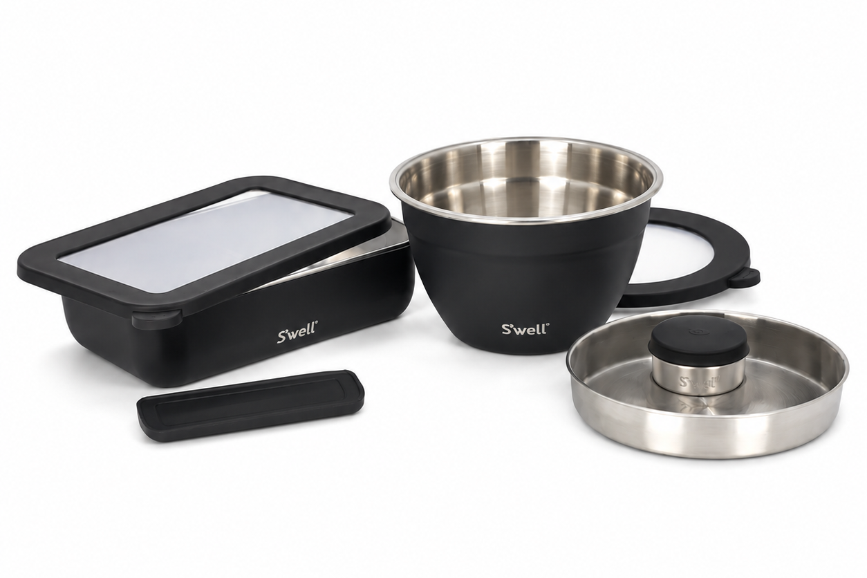Set of Swell brand containers including a bowl, lid, and container on a white background