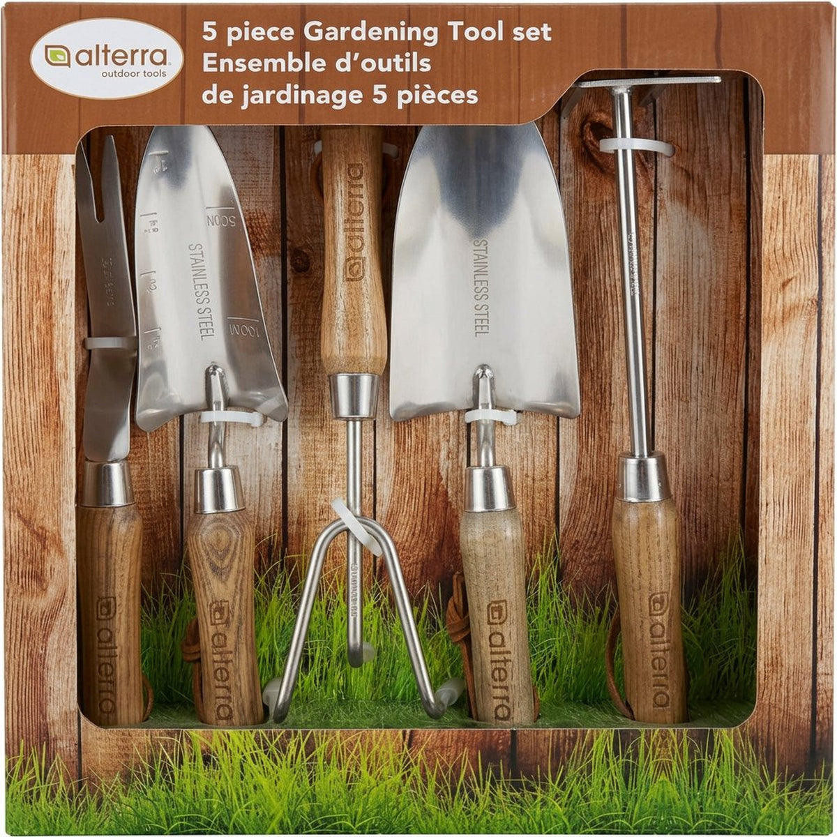 Five-piece gardening tool set in a wooden box with 'alterra' branding.