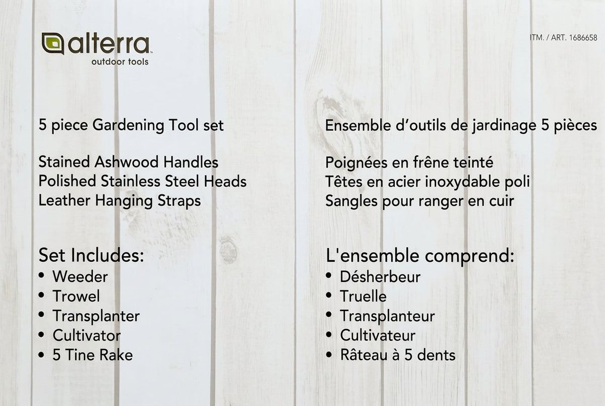 Product description of a gardening tool set with 'alterra outdoor tools' branding on a wooden background.