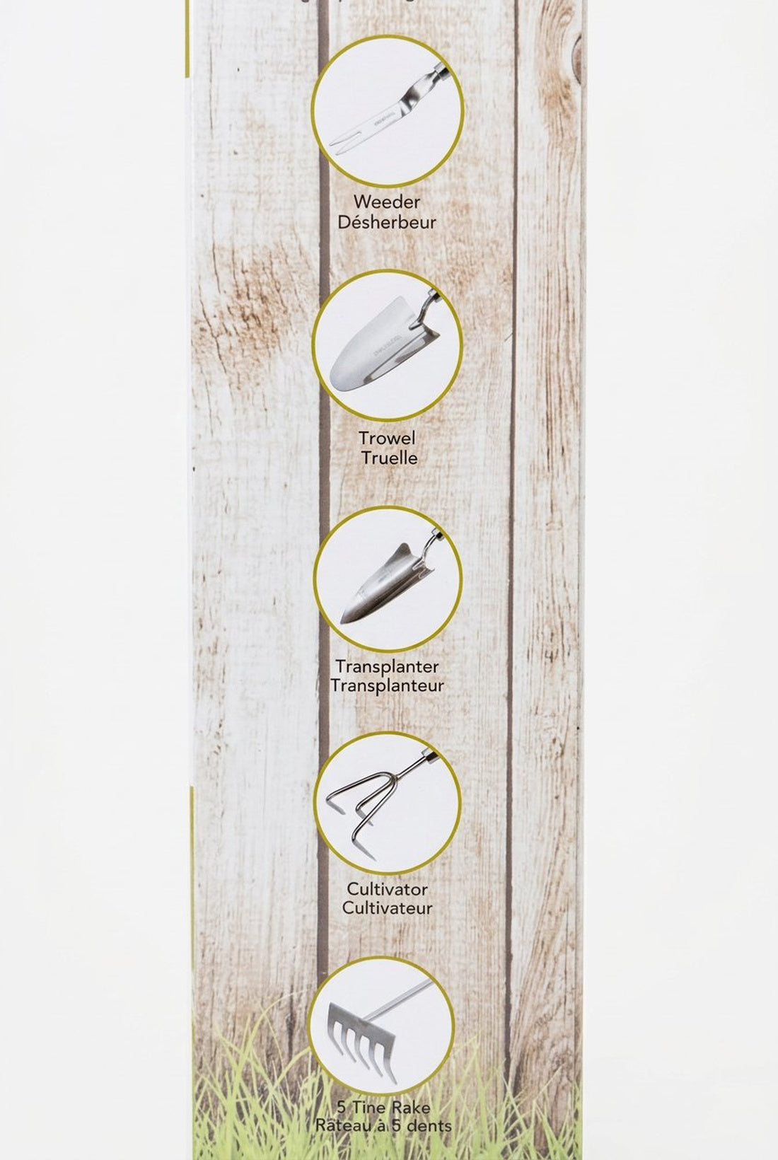 Set of gardening tools with labels on a wooden background